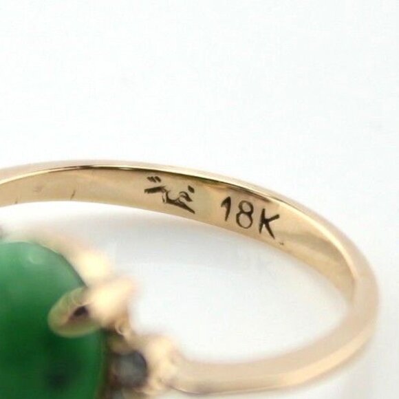 VINTAGE 18K YELLOW GOLD JADE & .04 CTW DIAMOND COCKTAIL RING SIZE 6- #3582-1 - Picture 6 of 10